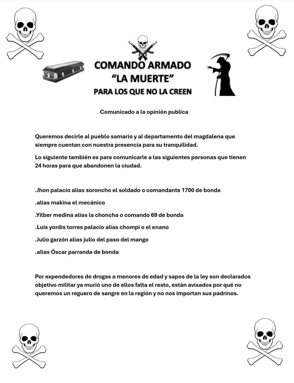 Alerta en Santa Marta: reaparece grupo “La Muerte” con panfleto amenazante y macabro mensaje