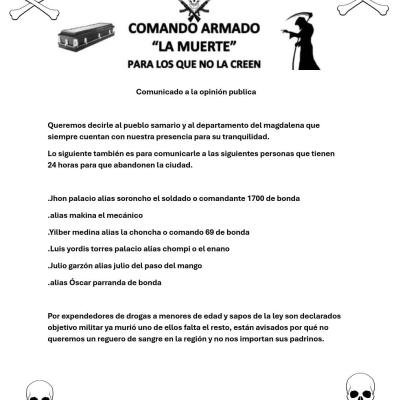 Alerta en Santa Marta: reaparece grupo “La Muerte” con panfleto amenazante y macabro mensaje