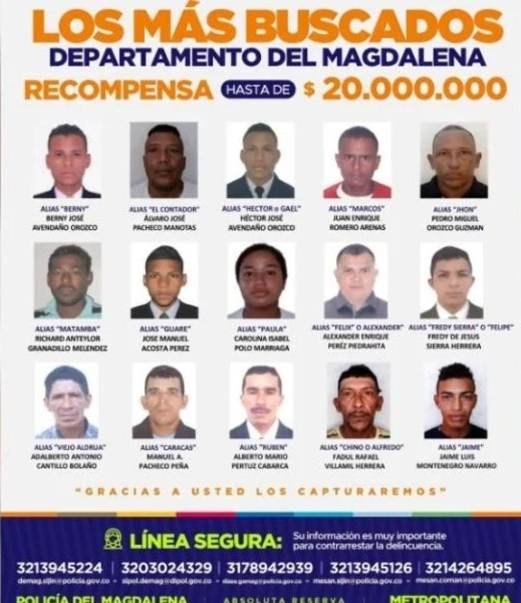 Gobernación del Magdalena ofrece hasta $20 millones de recompensa por los 15 más buscados del departamento